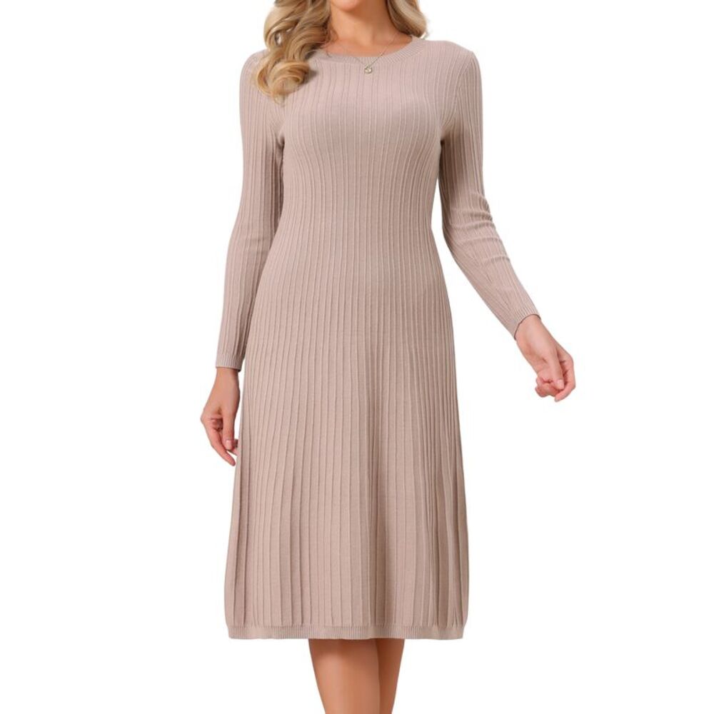 Women's Sweater Dress Long Sleeve A Line Ribbed Knit Midi Dresses Khaki